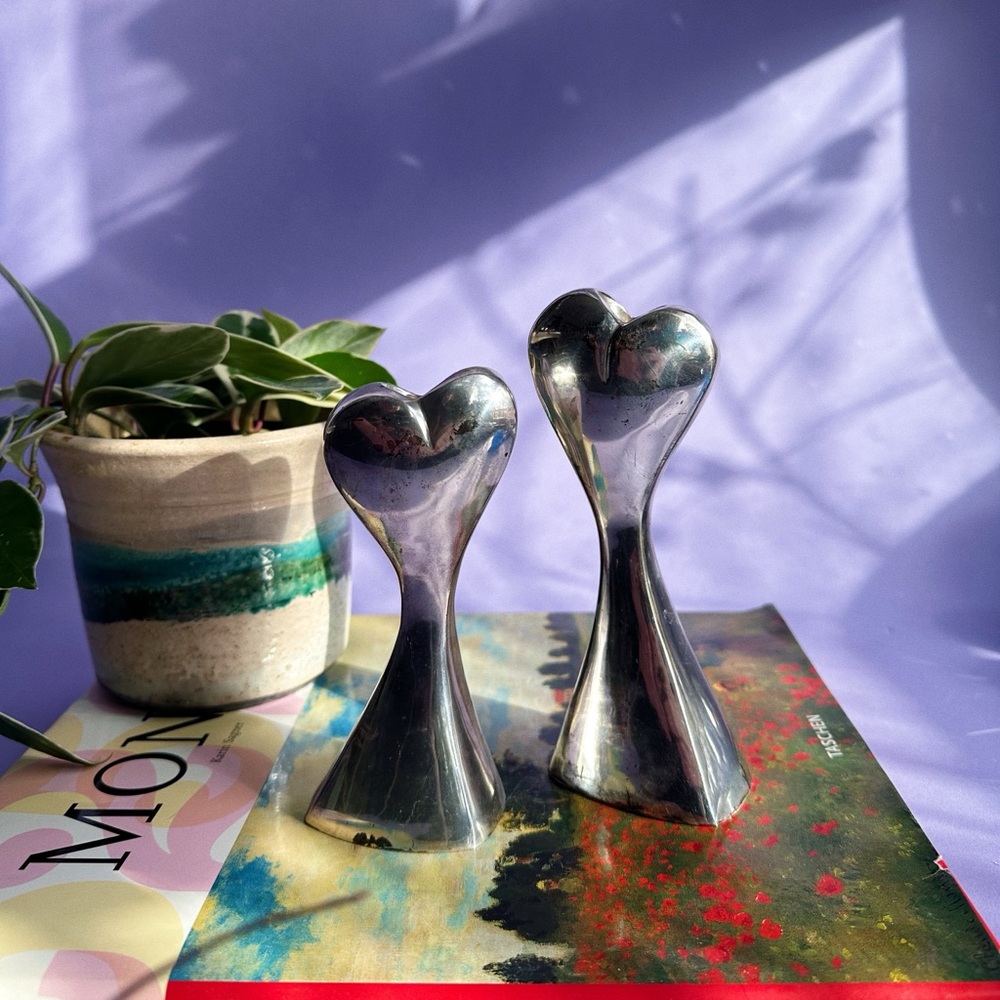 Modern Heart-Shaped Silver Chrome Candlesticks for Taper Candles - Pair
